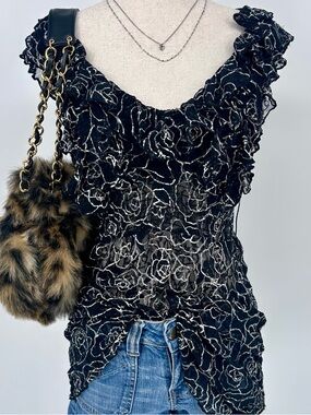 Black Lace Ruffle Y2K Top Sheer Coquette Baby Doll Going Out Tank Rose Detail